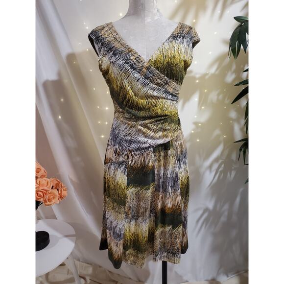 Nic+Zoe Surplice V-Neck Draped Faux Wrap Jersey Dress Size S Neutral Linen Blend - Picture 1 of 11